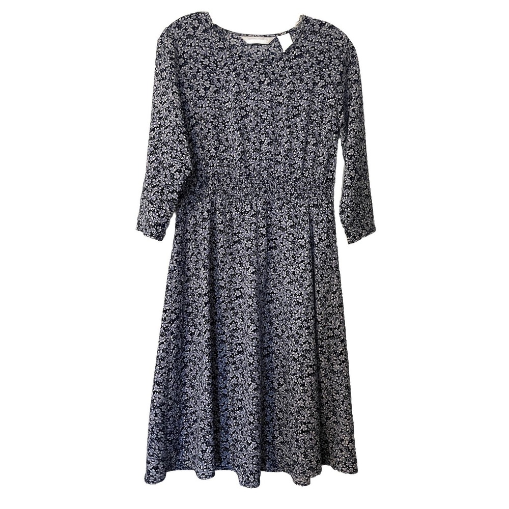 Drapers‎ & Damons Blue Floral Dress Shirring Waist Petites Sz Petite Small Midi